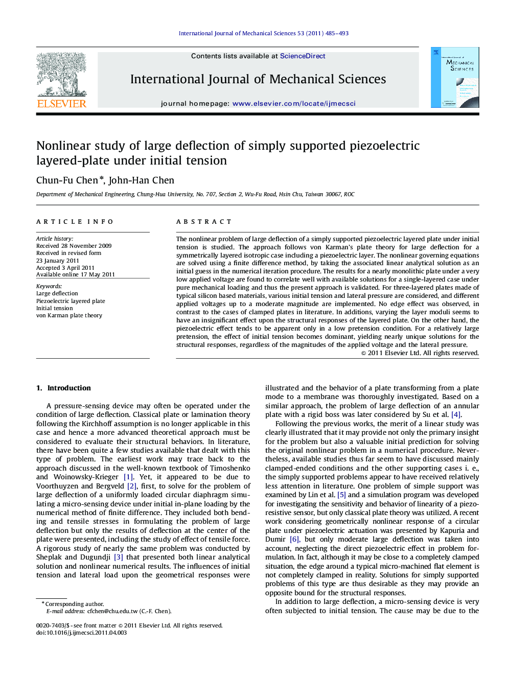 Nonlinear study of large deflection of simply supported piezoelectric layered-plate under initial tension