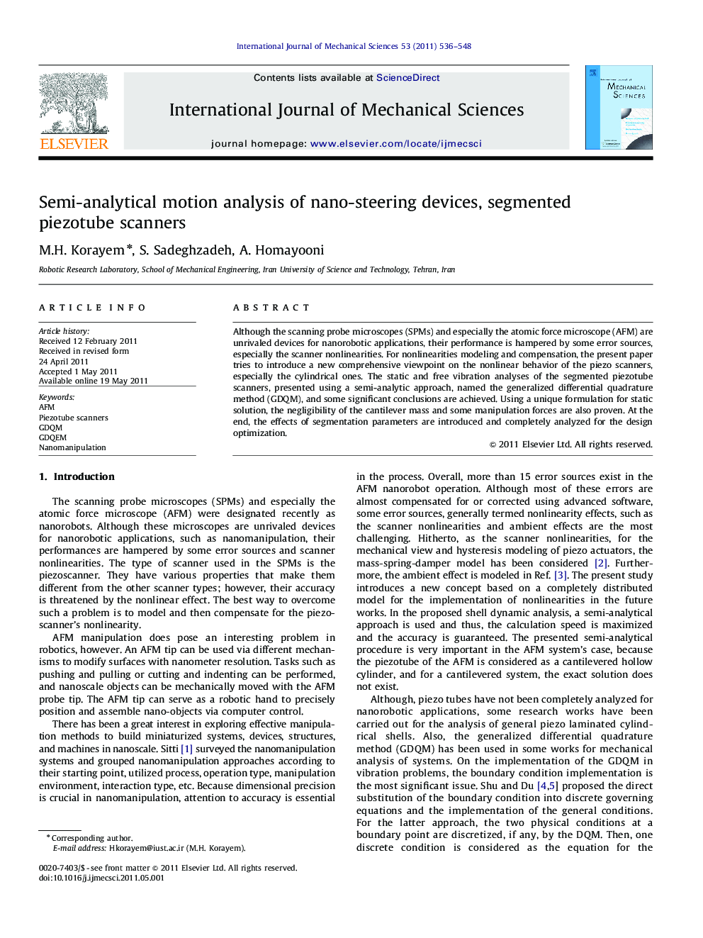 Semi-analytical motion analysis of nano-steering devices, segmented piezotube scanners