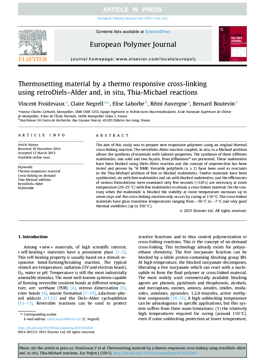 Thermosetting material by a thermo responsive cross-linking using retroDiels-Alder and, in situ, Thia-Michael reactions