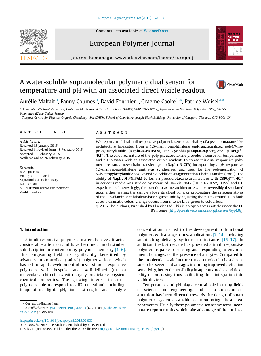 A water-soluble supramolecular polymeric dual sensor for temperature and pH with an associated direct visible readout