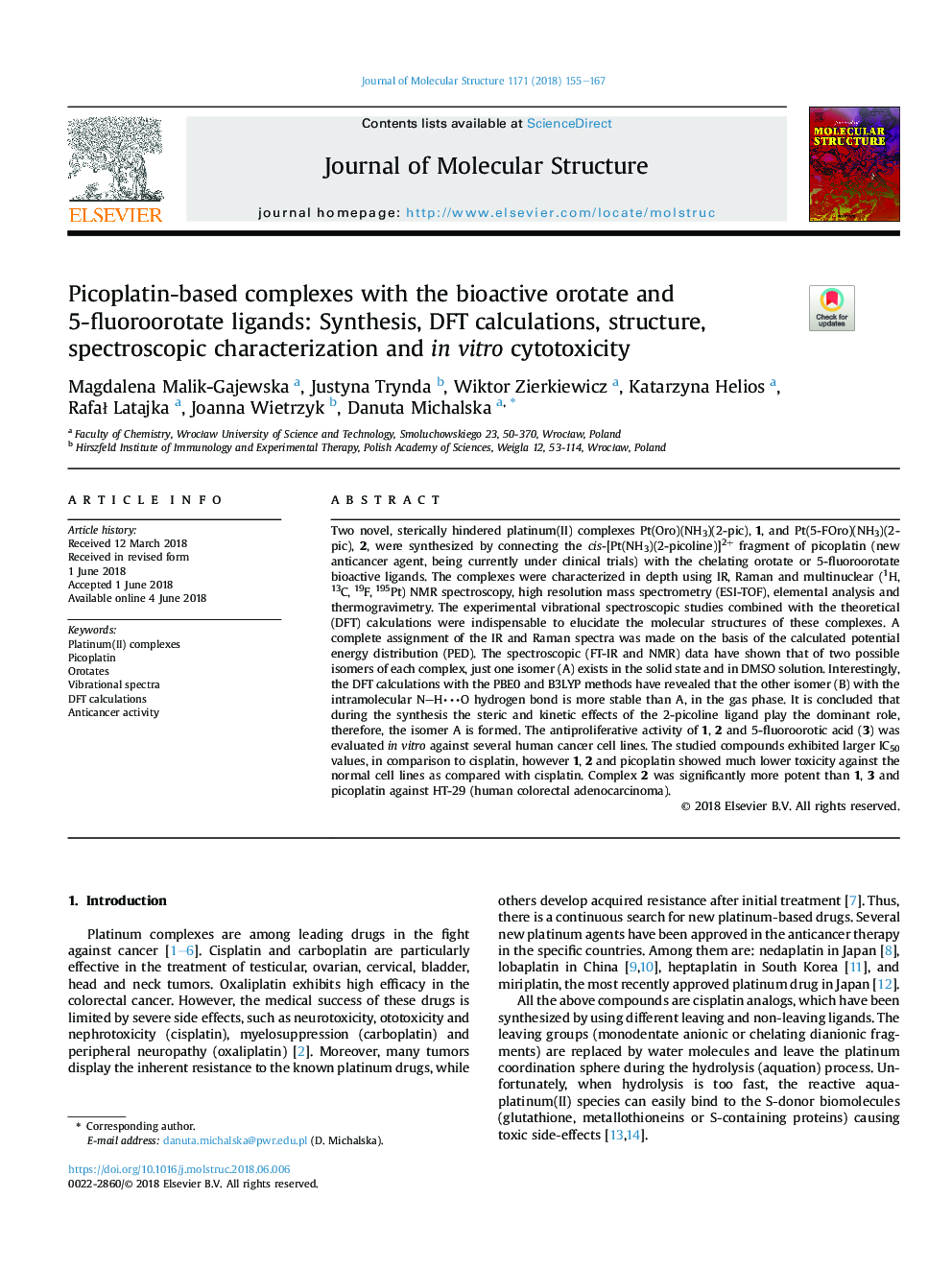 Picoplatin-based complexes with the bioactive orotate and 5-fluoroorotate ligands: Synthesis, DFT calculations, structure, spectroscopic characterization and inÂ vitro cytotoxicity