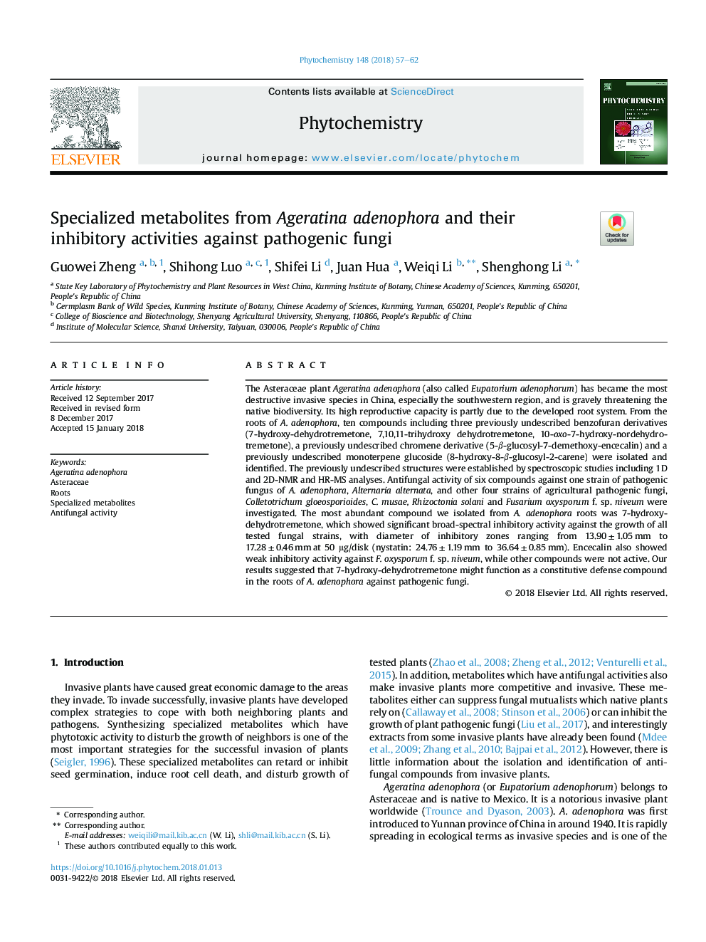 Specialized metabolites from Ageratina adenophora and their inhibitory activities against pathogenic fungi