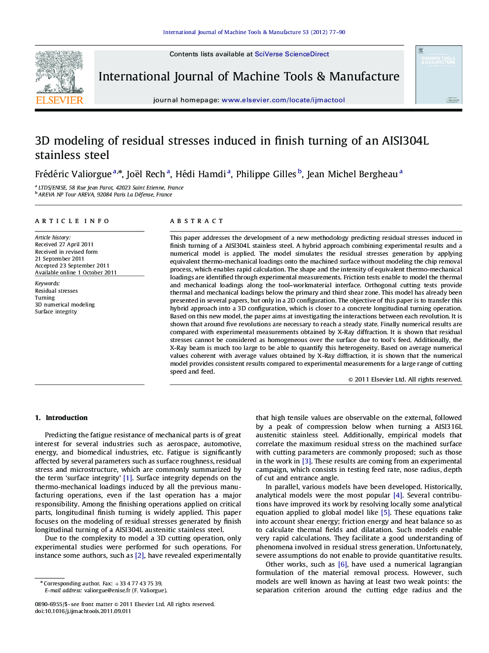 3D modeling of residual stresses induced in finish turning of an AISI304L stainless steel