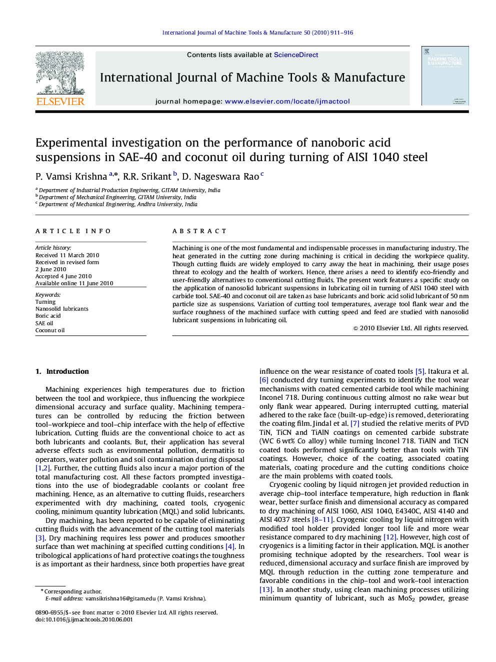 Experimental investigation on the performance of nanoboric acid suspensions in SAE-40 and coconut oil during turning of AISI 1040 steel