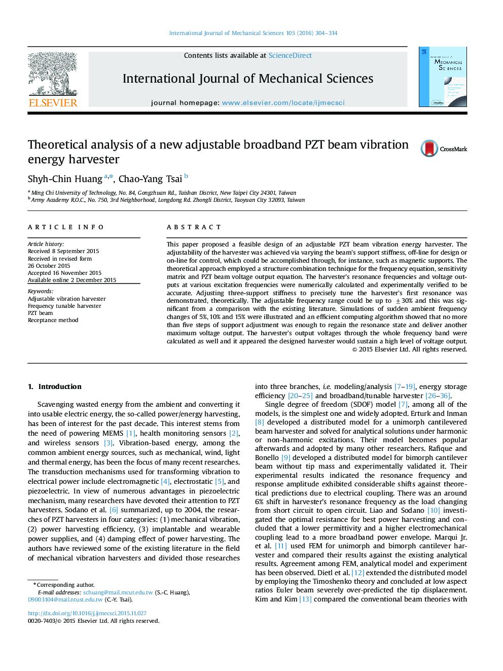 Theoretical analysis of a new adjustable broadband PZT beam vibration energy harvester