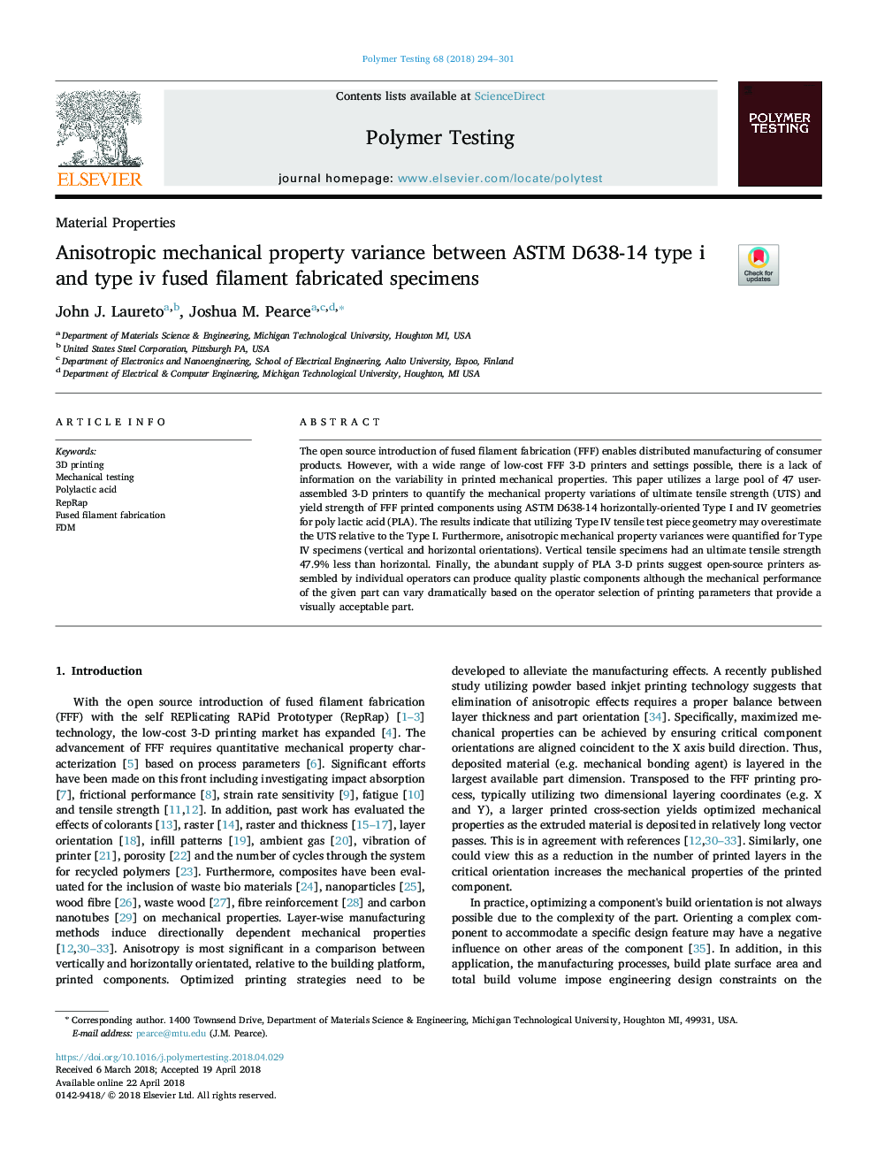 Anisotropic mechanical property variance between ASTM D638-14 type i and type iv fused filament fabricated specimens