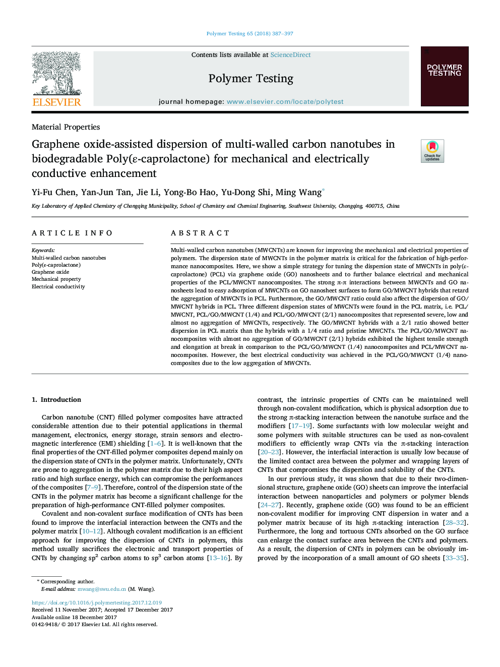 Graphene oxide-assisted dispersion of multi-walled carbon nanotubes in biodegradable Poly(Îµ-caprolactone) for mechanical and electrically conductive enhancement