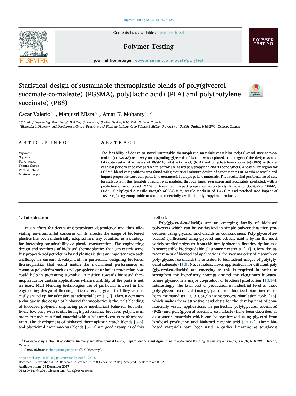 Statistical design of sustainable thermoplastic blends of poly(glycerol succinate-co-maleate) (PGSMA), poly(lactic acid) (PLA) and poly(butylene succinate) (PBS)