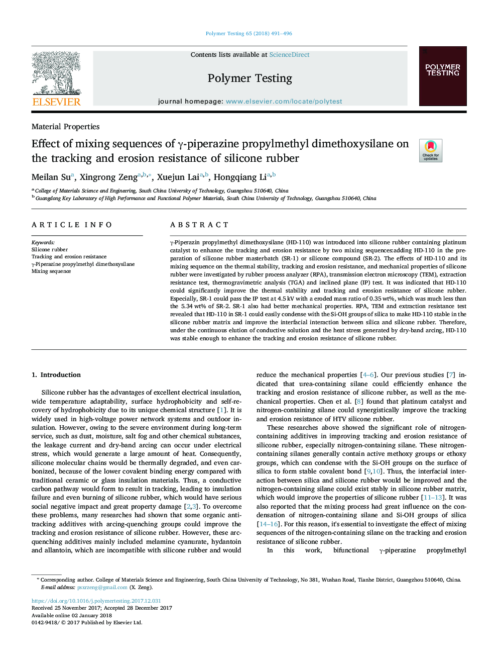 Effect of mixing sequences of Î³-piperazine propylmethyl dimethoxysilane on the tracking and erosion resistance of silicone rubber