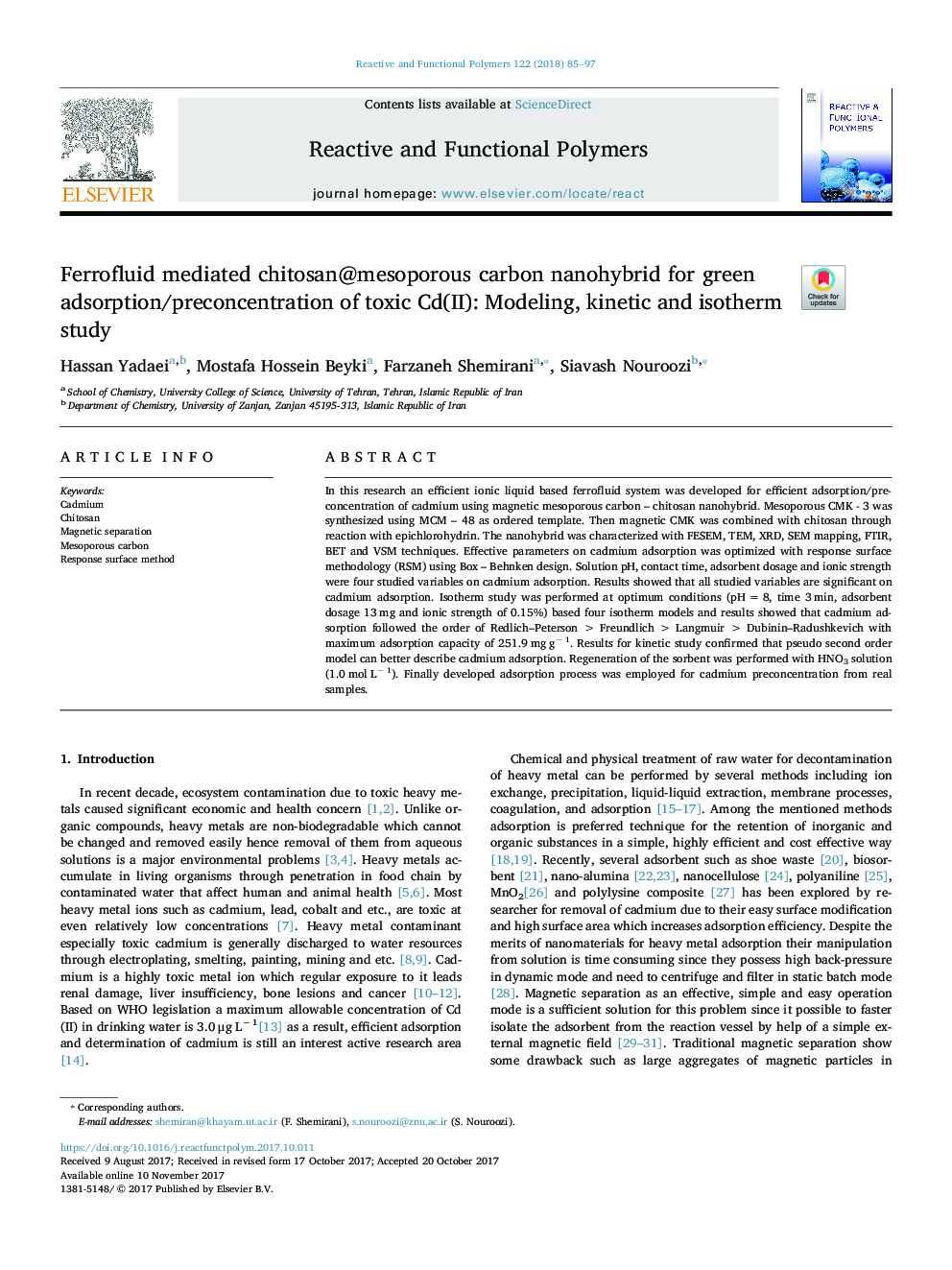 Ferrofluid mediated chitosan@mesoporous carbon nanohybrid for green adsorption/preconcentration of toxic Cd(II): Modeling, kinetic and isotherm study