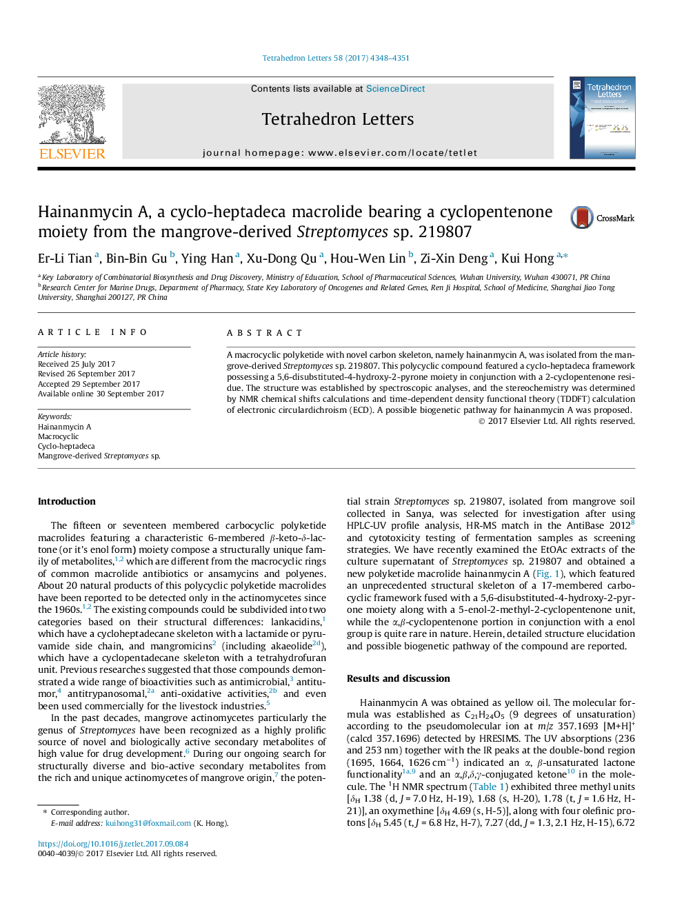 Hainanmycin A, a cyclo-heptadeca macrolide bearing a cyclopentenone moiety from the mangrove-derived Streptomyces sp. 219807