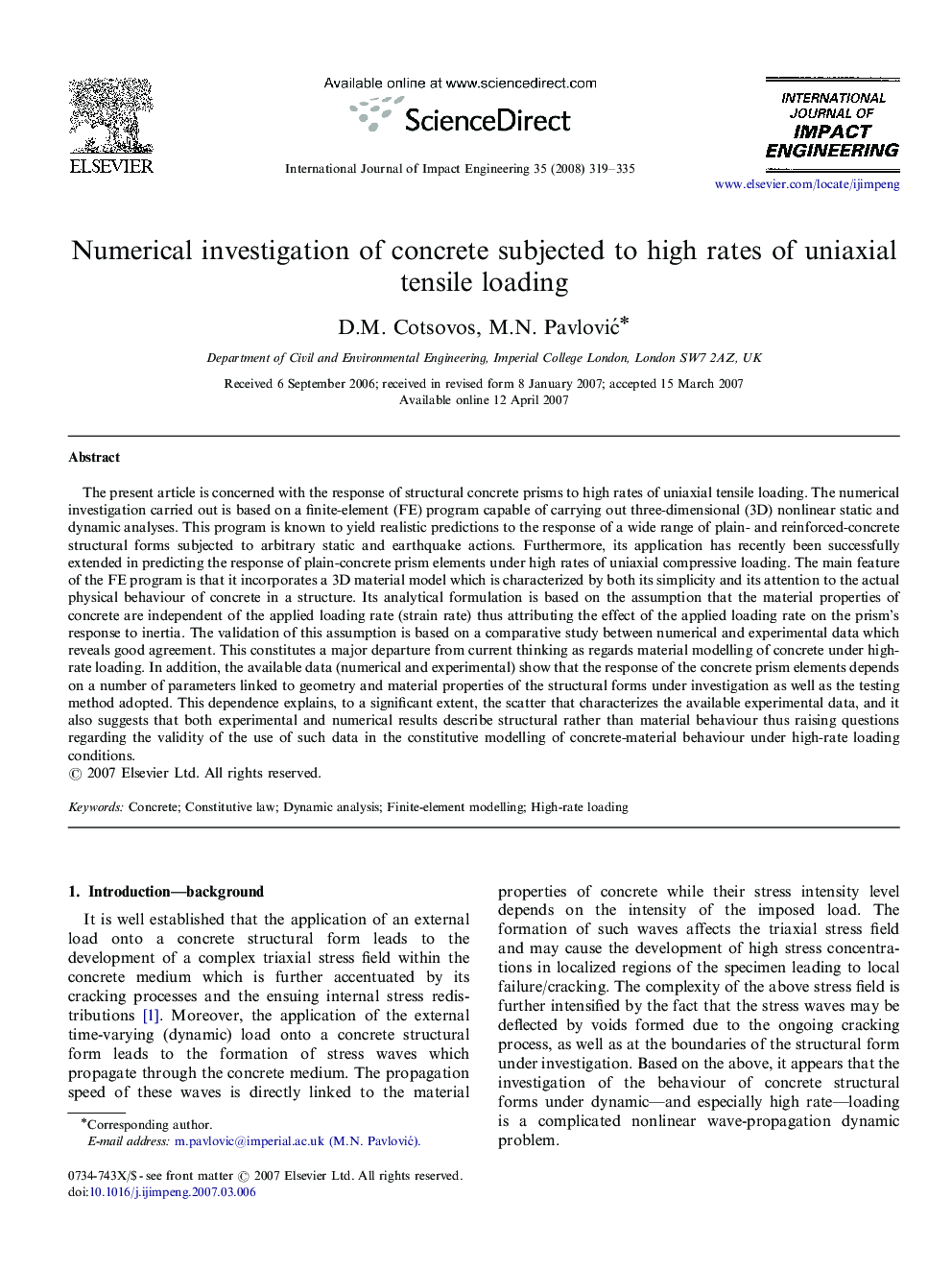 Numerical investigation of concrete subjected to high rates of uniaxial tensile loading