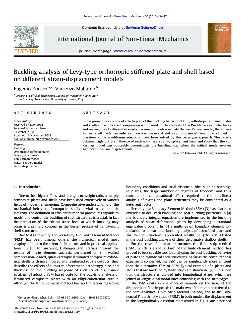 Buckling analysis of Levy-type orthotropic stiffened plate and shell based on different strain-displacement models