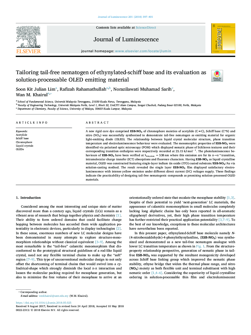 Tailoring tail-free nematogen of ethynylated-schiff base and its evaluation as solution-processable OLED emitting material