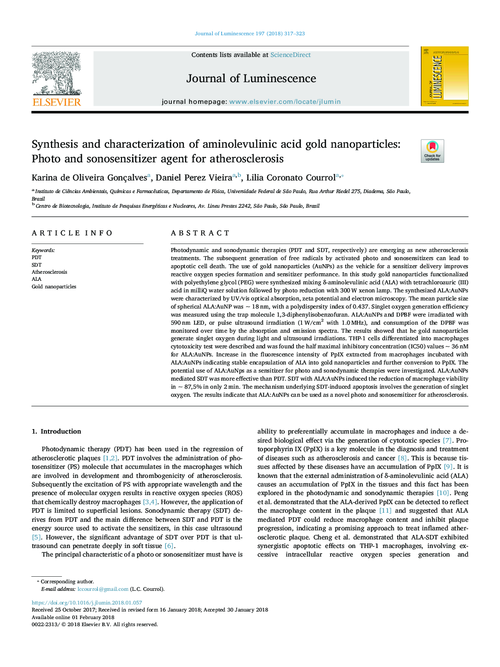 سنتز و مشخص کردن نانوذرات طلای آمینولولولینیک اسید: عامل عکس و سونوسانسیتی ساز برای آترواسکلروز 