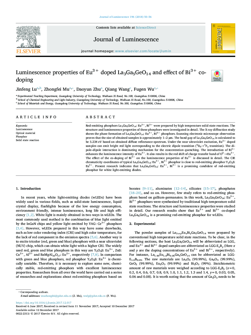 Luminescence properties of Eu3+ doped La3Ga5GeO14 and effect of Bi3+ co-doping