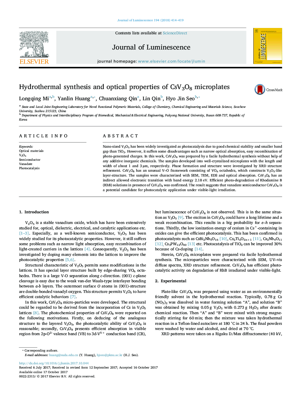 Hydrothermal synthesis and optical properties of CsV3O8 microplates
