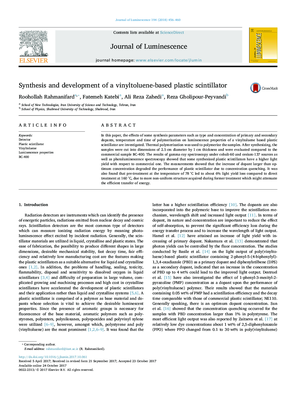 Synthesis and development of a vinyltoluene-based plastic scintillator