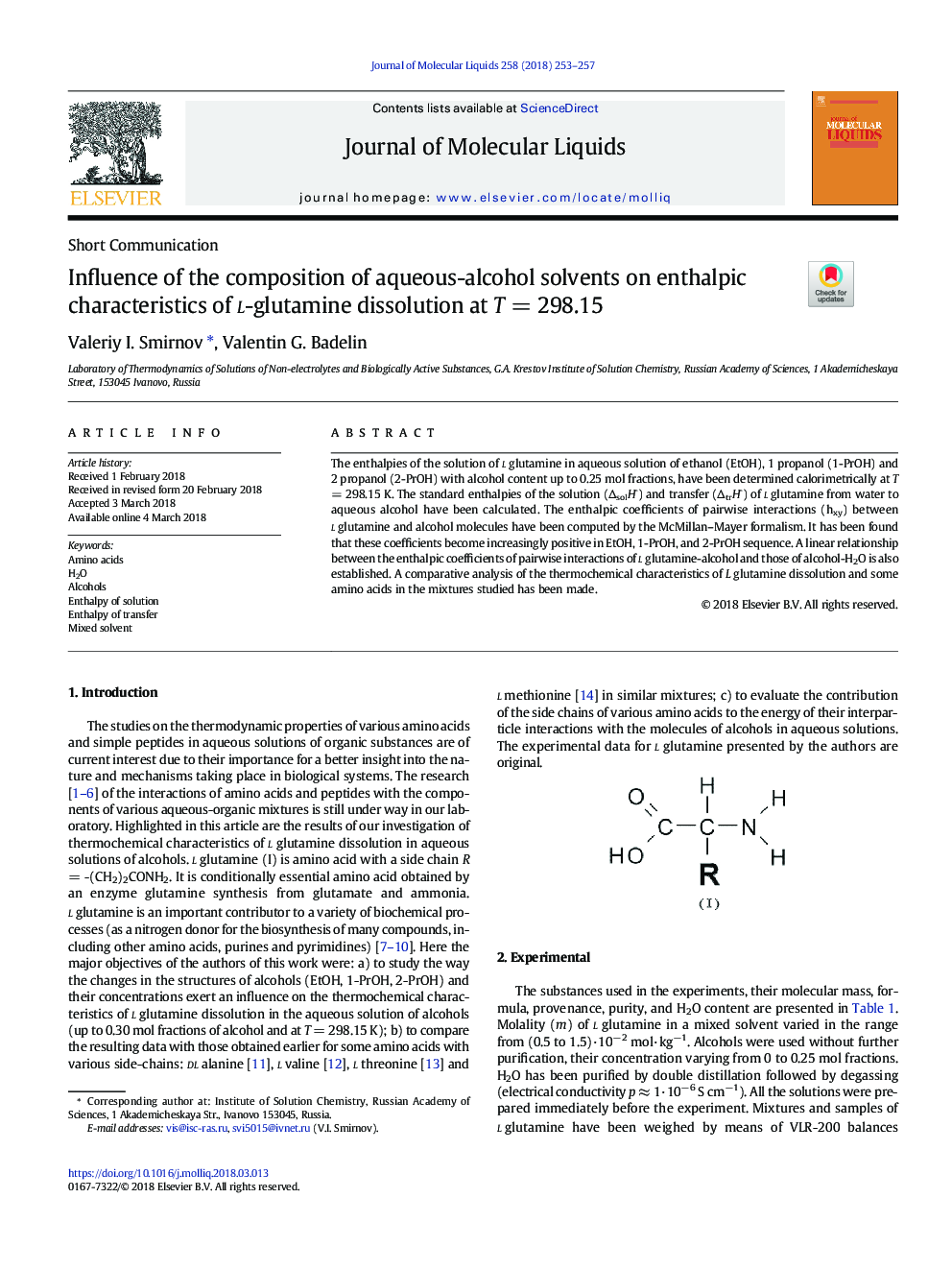 Influence of the composition of aqueous-alcohol solvents on enthalpic characteristics of l-glutamine dissolution at TÂ =Â 298.15