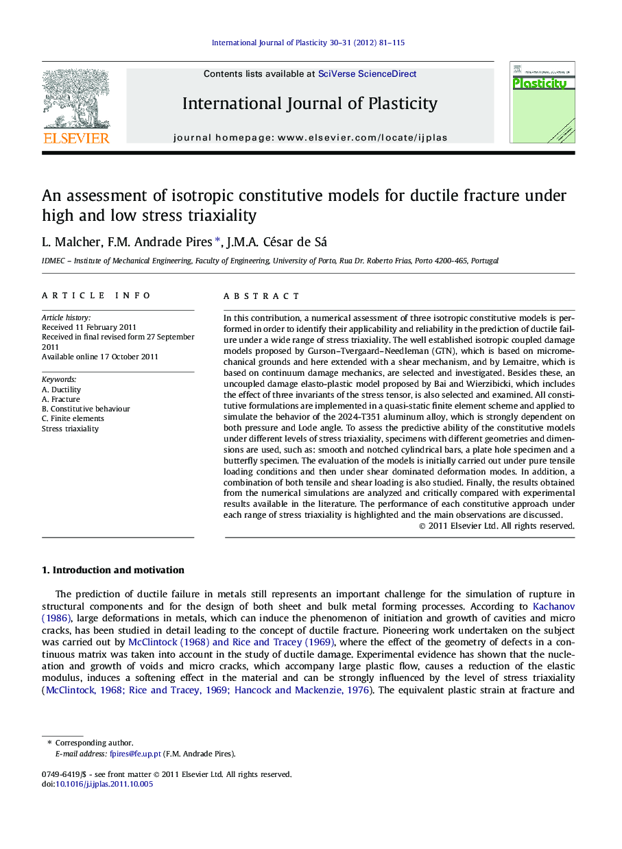 An assessment of isotropic constitutive models for ductile fracture under high and low stress triaxiality