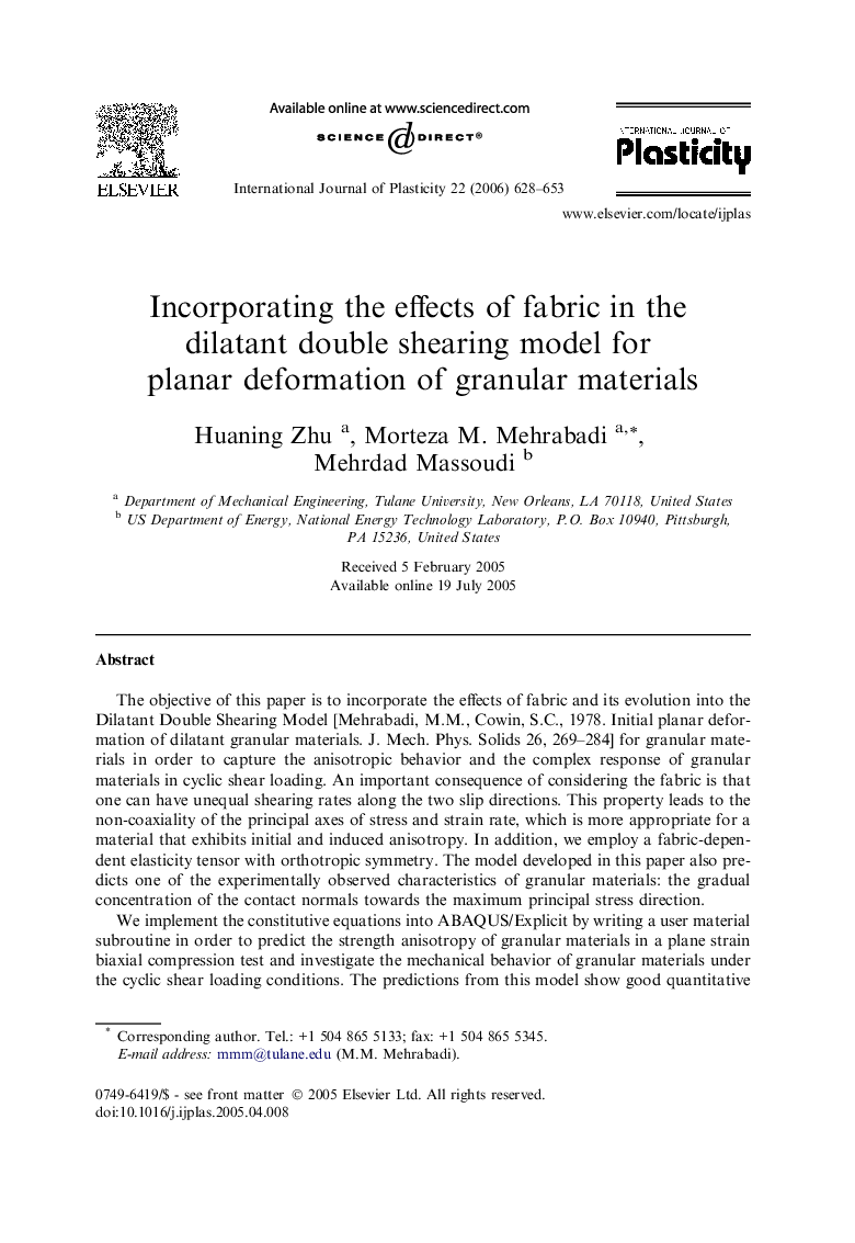 Incorporating the effects of fabric in the dilatant double shearing model for planar deformation of granular materials