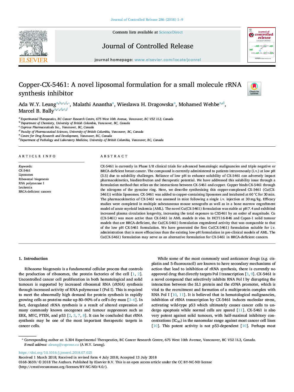 Copper-CX-5461: A novel liposomal formulation for a small molecule rRNA synthesis inhibitor