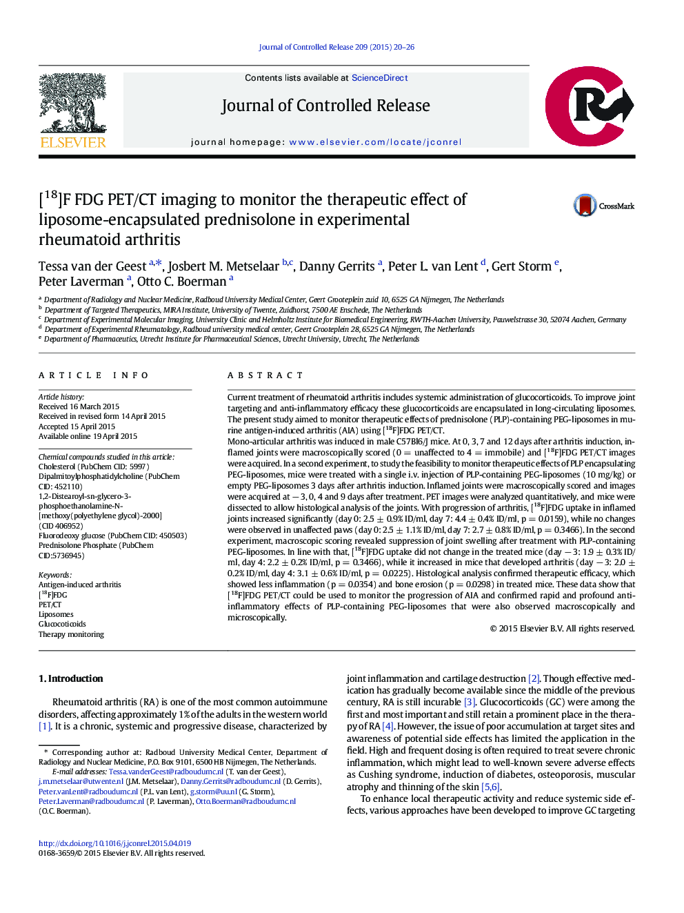 [18]F FDG PET/CT imaging to monitor the therapeutic effect of liposome-encapsulated prednisolone in experimental rheumatoid arthritis