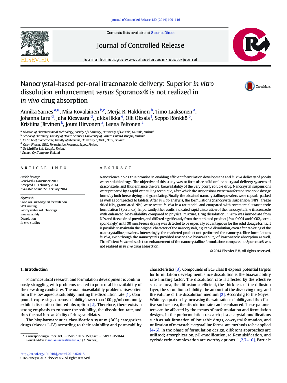 Nanocrystal-based per-oral itraconazole delivery: Superior in vitro dissolution enhancement versus Sporanox® is not realized in in vivo drug absorption