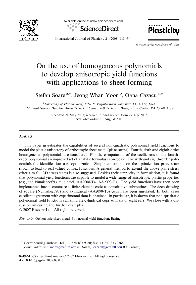 On the use of homogeneous polynomials to develop anisotropic yield functions with applications to sheet forming
