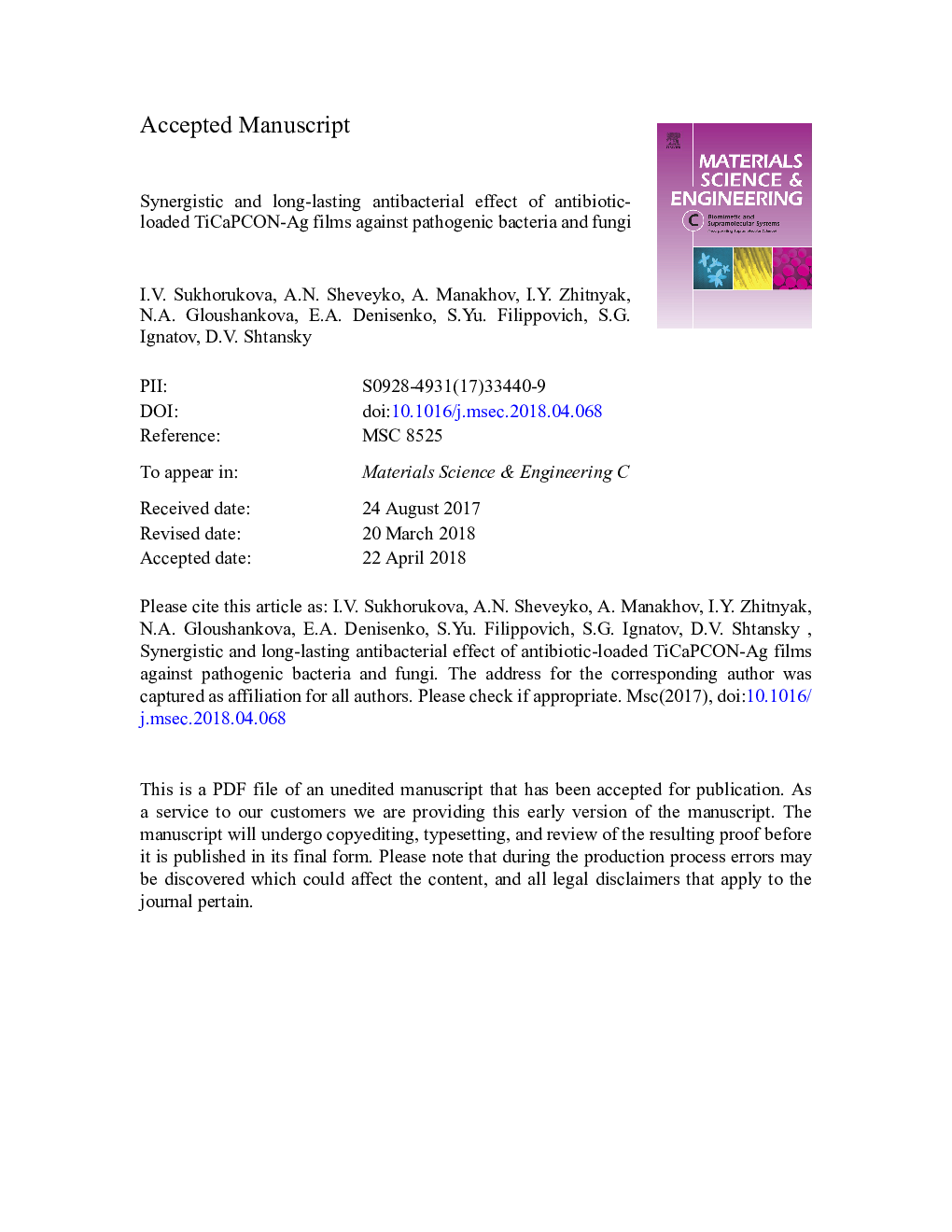 Synergistic and long-lasting antibacterial effect of antibiotic-loaded TiCaPCON-Ag films against pathogenic bacteria and fungi