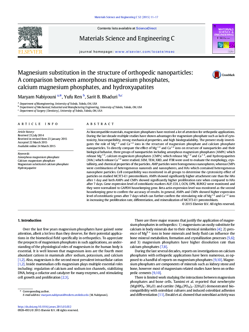 جایگزینی منیزیم در ساختار نانوذرات ارتوپدی: مقایسه بین فسفات منیزیم آمورف، فسفات منیزیم کلسیم و هیدروکسی آپاتیت 