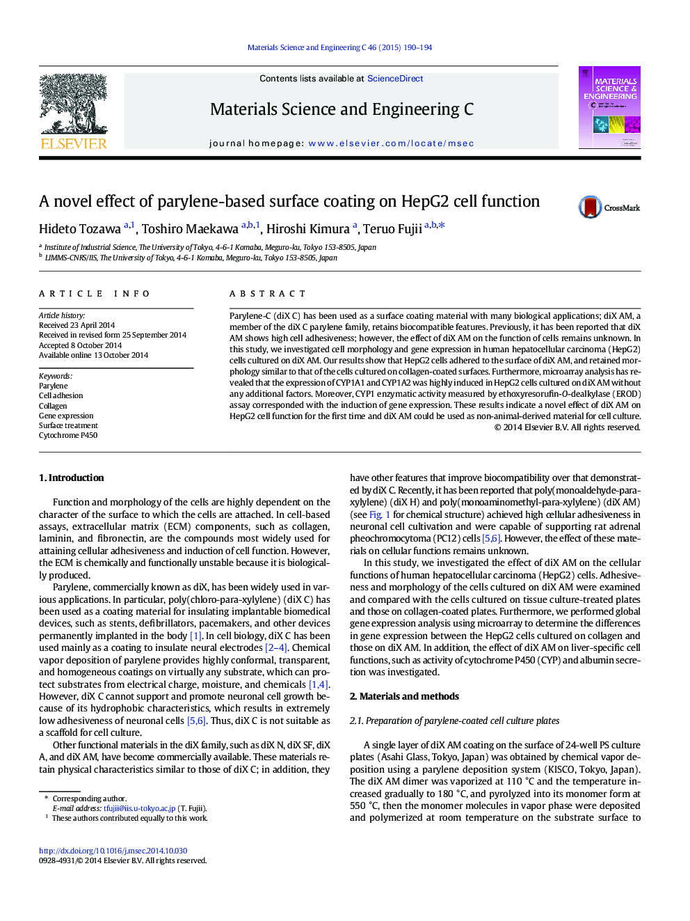 A novel effect of parylene-based surface coating on HepG2 cell function