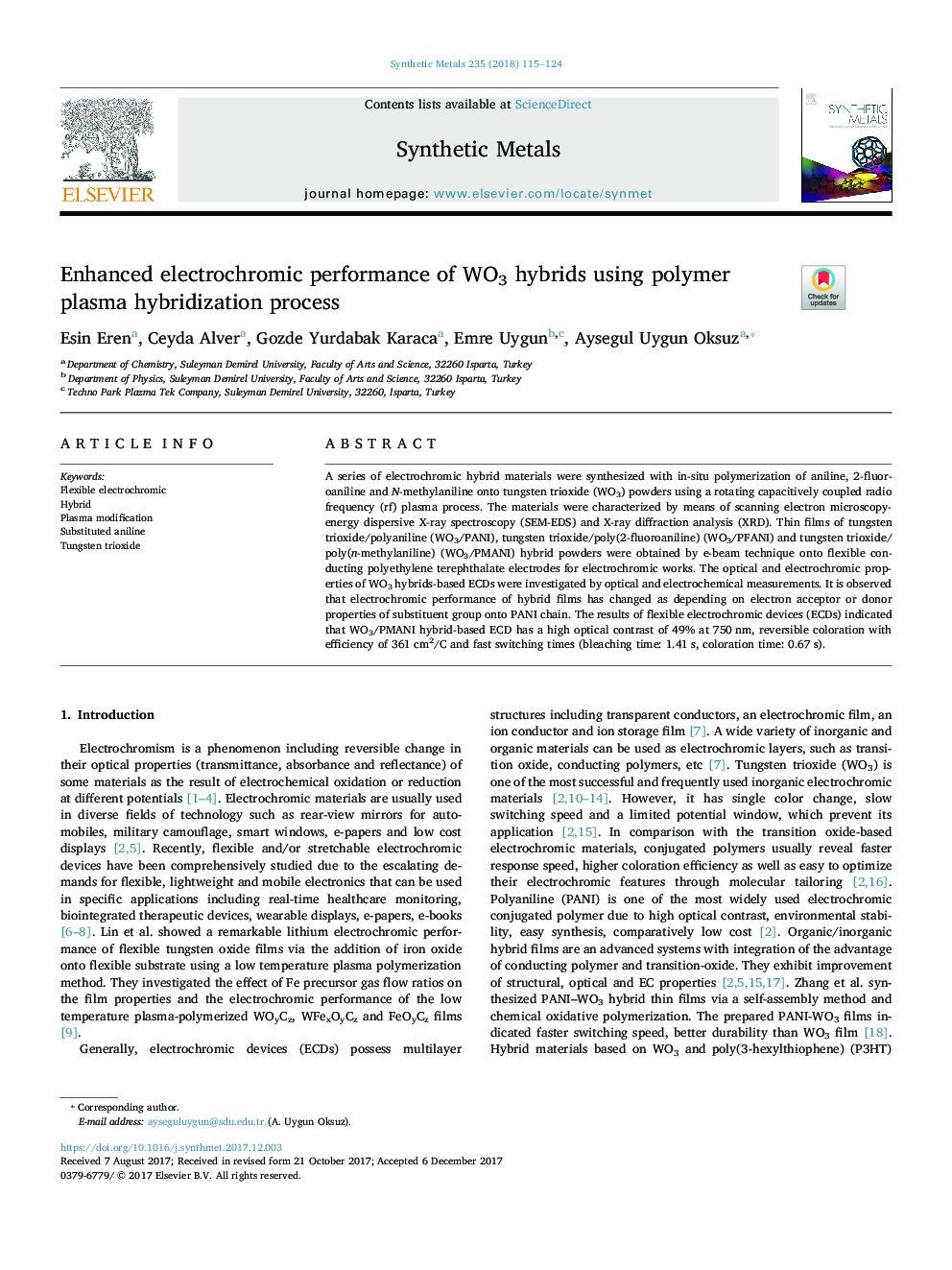 Enhanced electrochromic performance of WO3 hybrids using polymer plasma hybridization process