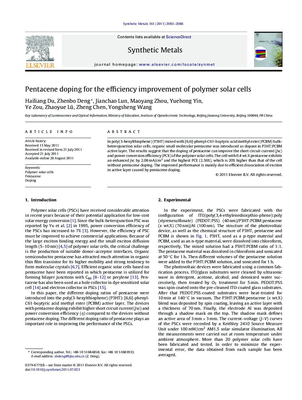 Pentacene doping for the efficiency improvement of polymer solar cells