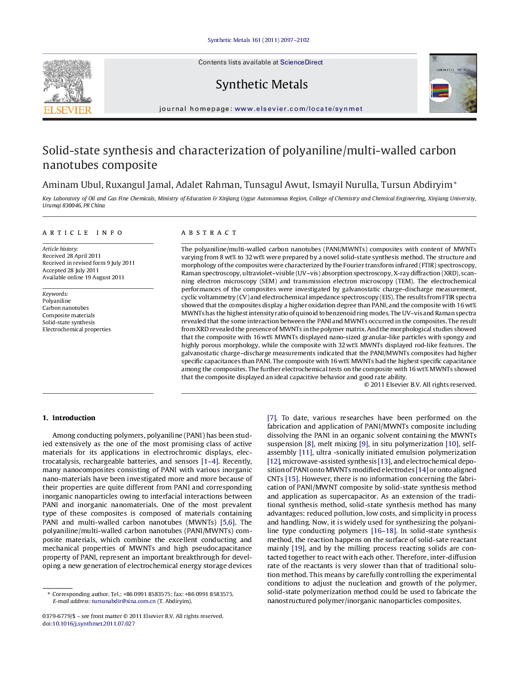 Solid-state synthesis and characterization of polyaniline/multi-walled carbon nanotubes composite