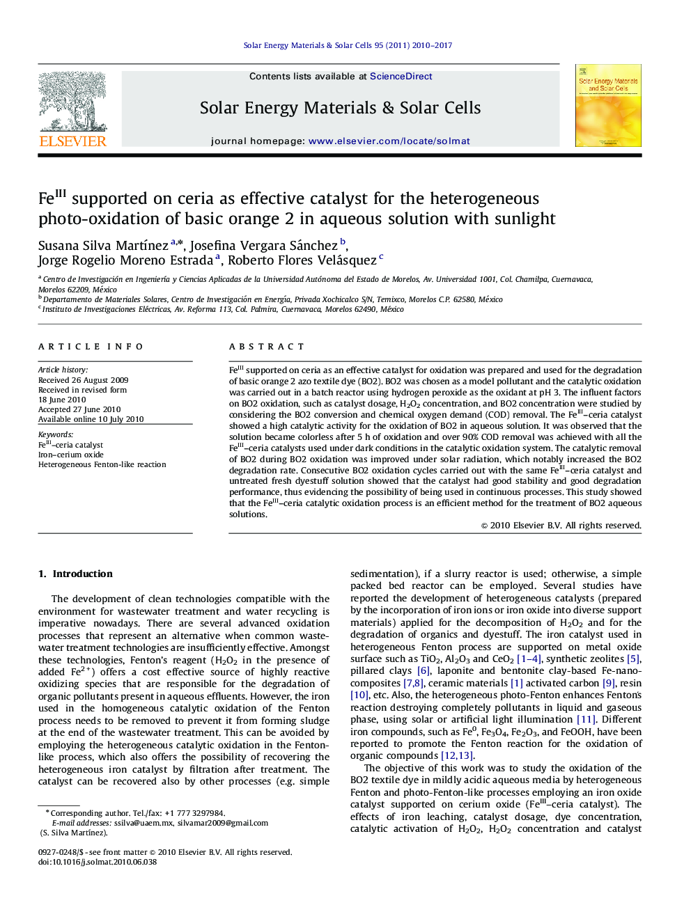 حمایت  FeIII در سریا به عنوان کاتالیزور موثر برای ناهمگن عکس اکسیداسیون از رنگ نارنجی پایه 2 در محلول آبی با نور خورشید 