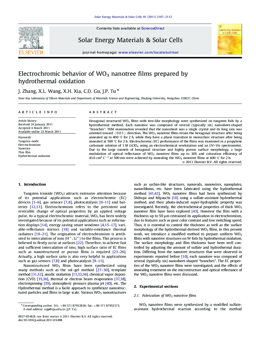 Electrochromic behavior of WO3 nanotree films prepared by hydrothermal oxidation