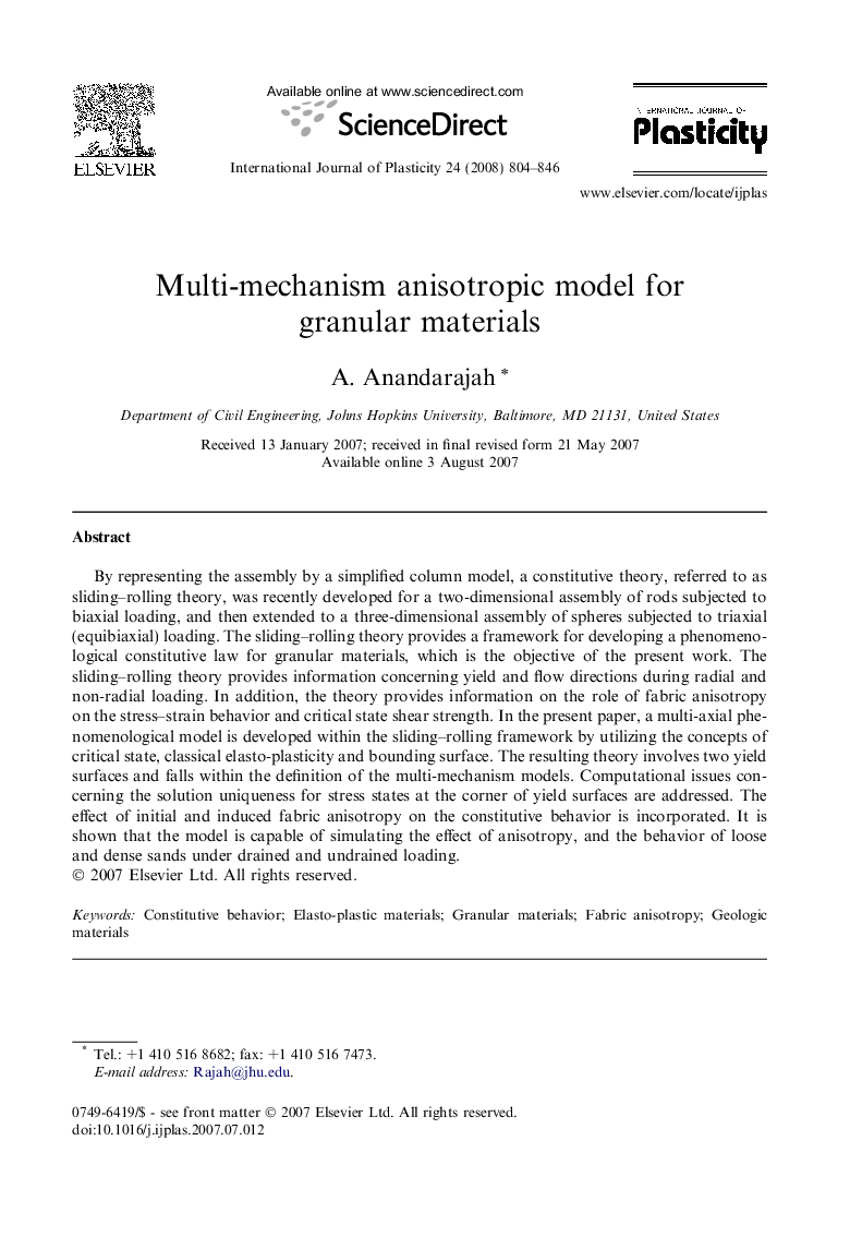 Multi-mechanism anisotropic model for granular materials