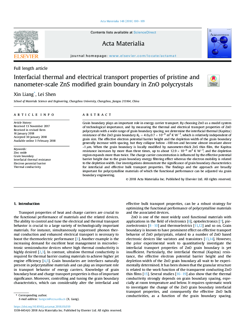 Interfacial thermal and electrical transport properties of pristine and nanometer-scale ZnS modified grain boundary in ZnO polycrystals