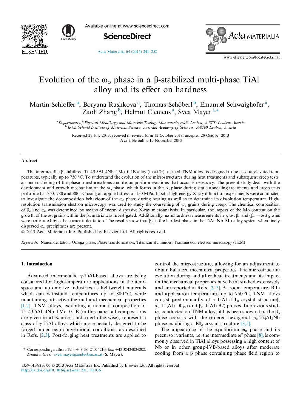 Evolution of the Ïo phase in a Î²-stabilized multi-phase TiAl alloy and its effect on hardness