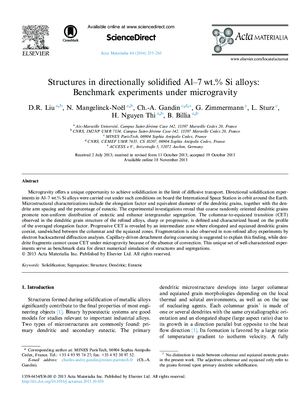 Structures in directionally solidified Al-7Â wt.% Si alloys: Benchmark experiments under microgravity