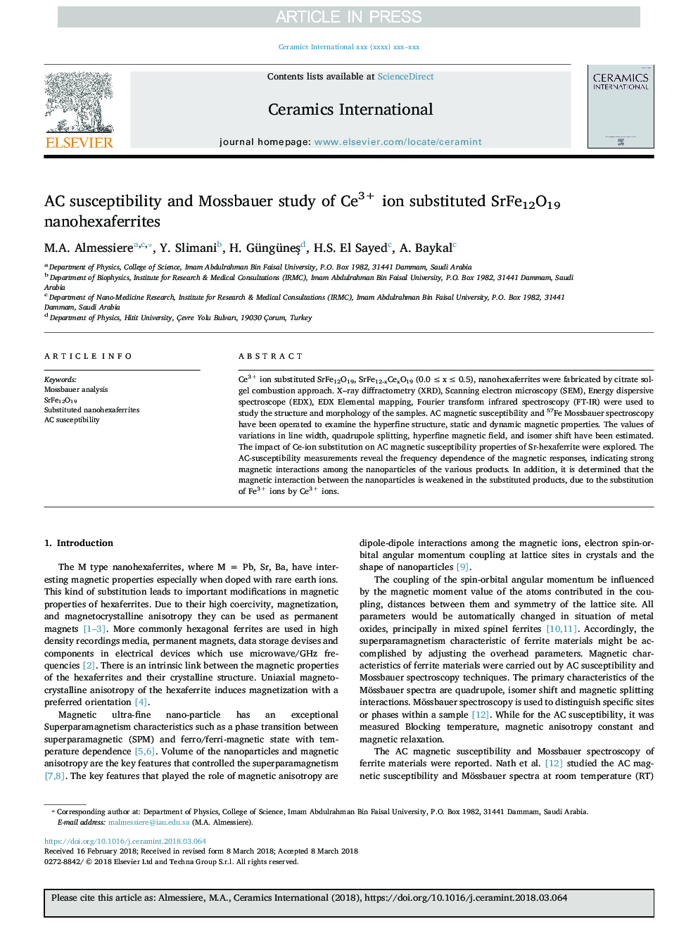 AC susceptibility and Mossbauer study of Ce3+ ion substituted SrFe12O19 nanohexaferrites