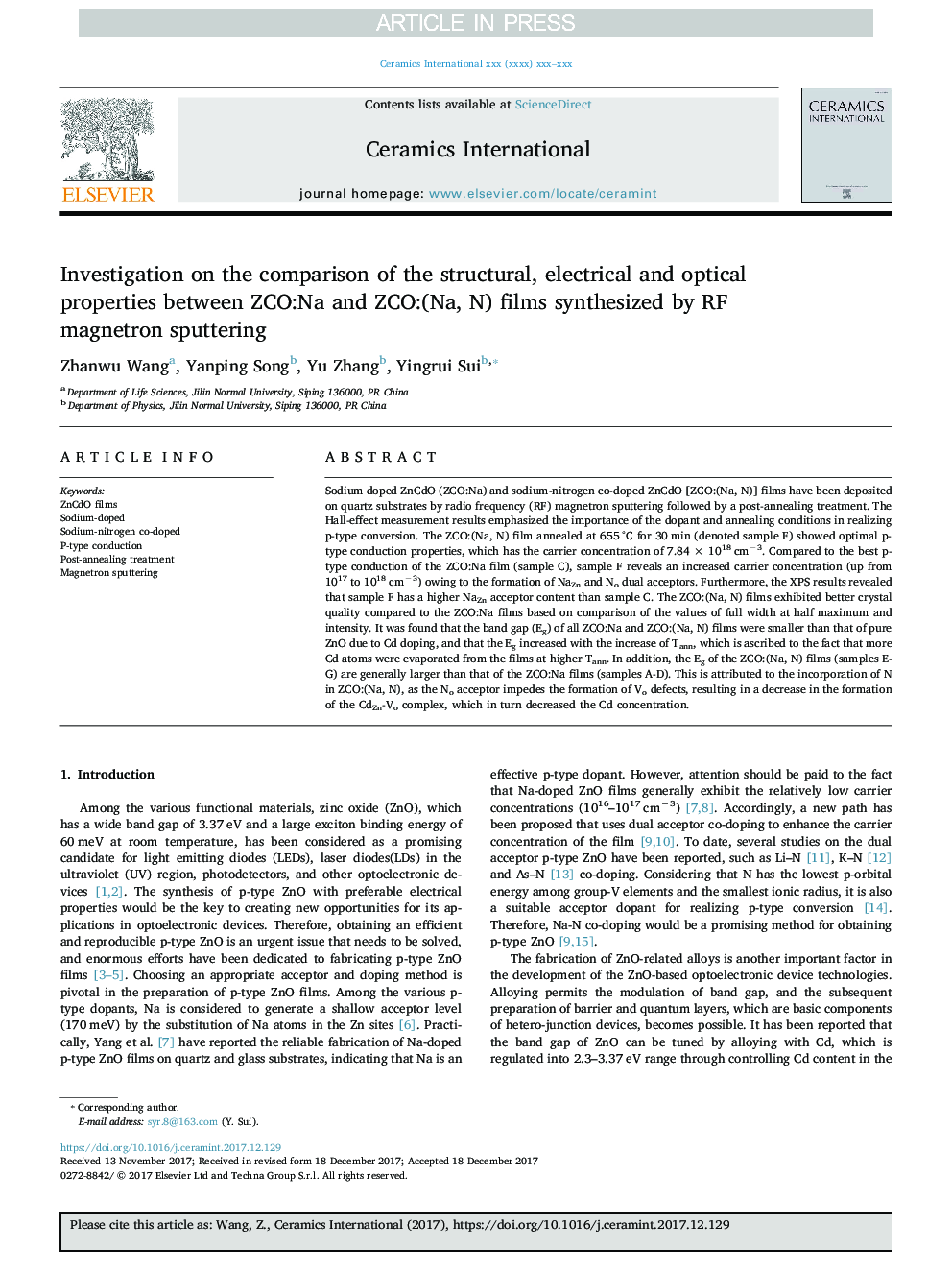 Investigation on the comparison of the structural, electrical and optical properties between ZCO:Na and ZCO:(Na, N) films synthesized by RF magnetron sputtering