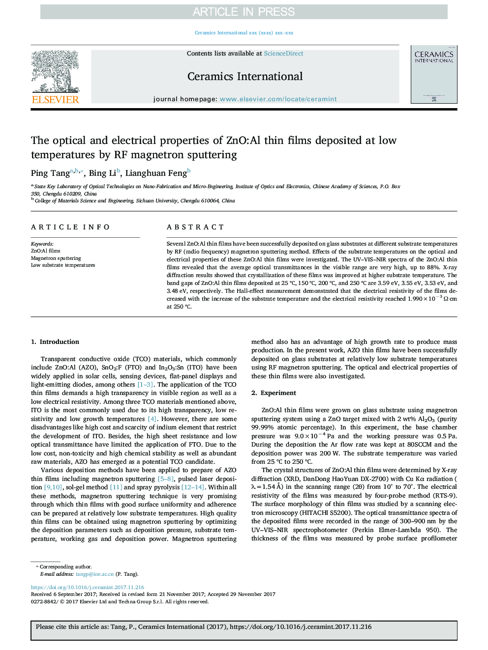 The optical and electrical properties of ZnO:Al thin films deposited at low temperatures by RF magnetron sputtering