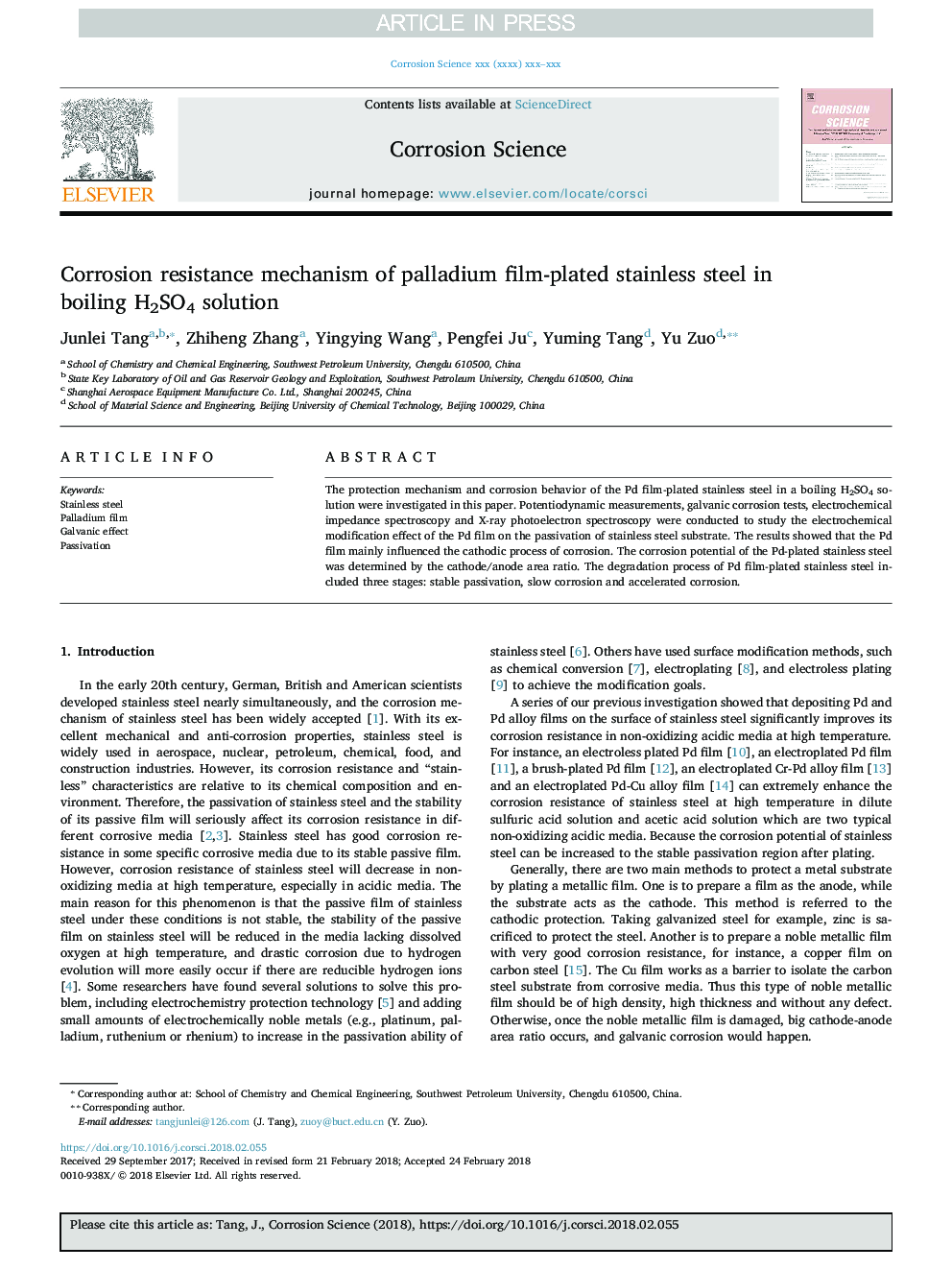 Corrosion resistance mechanism of palladium film-plated stainless steel in boiling H2SO4 solution