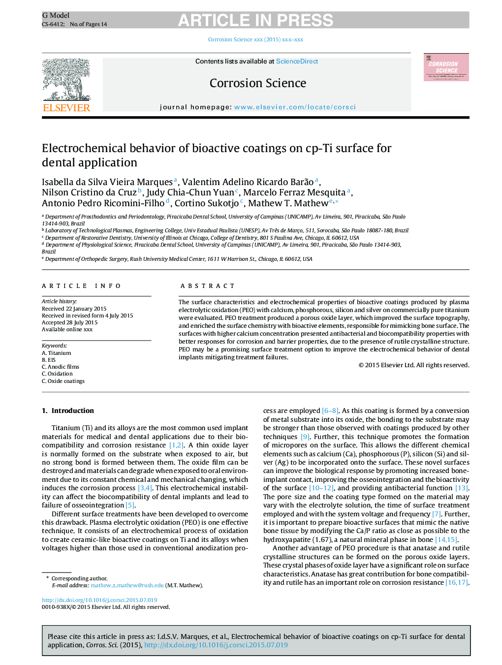 Electrochemical behavior of bioactive coatings on cp-Ti surface for dental application