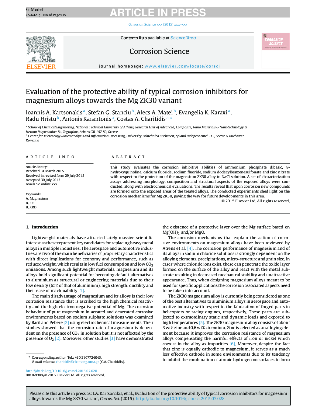 Evaluation of the protective ability of typical corrosion inhibitors for magnesium alloys towards the Mg ZK30 variant