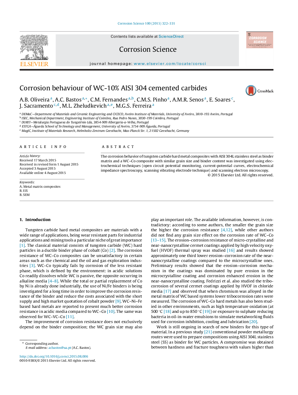 Corrosion behaviour of WC-10% AISI 304 cemented carbides