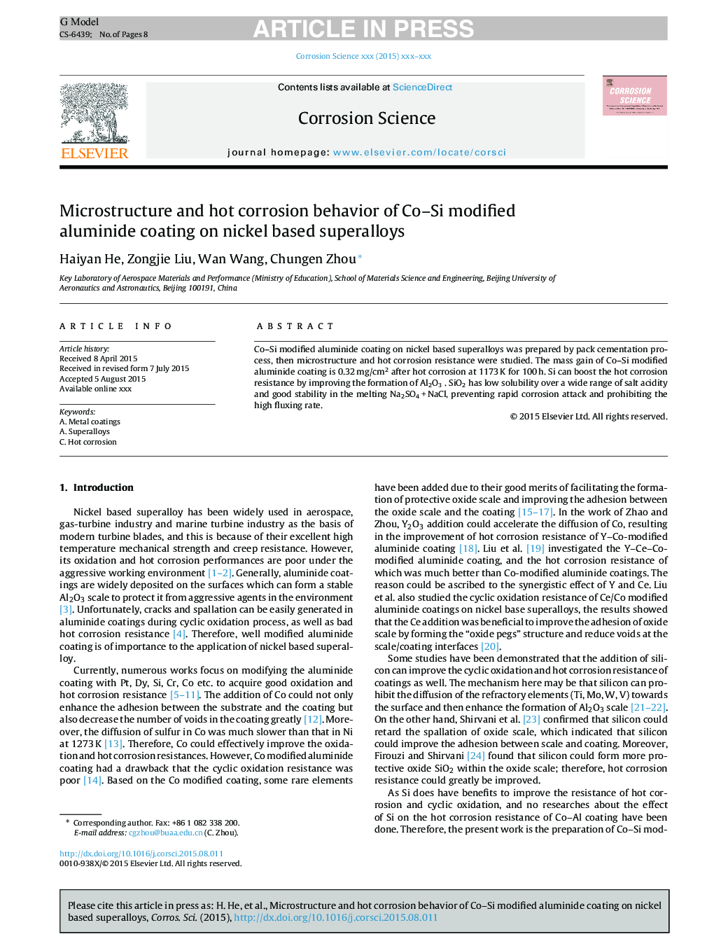 Microstructure and hot corrosion behavior of Co-Si modified aluminide coating on nickel based superalloys