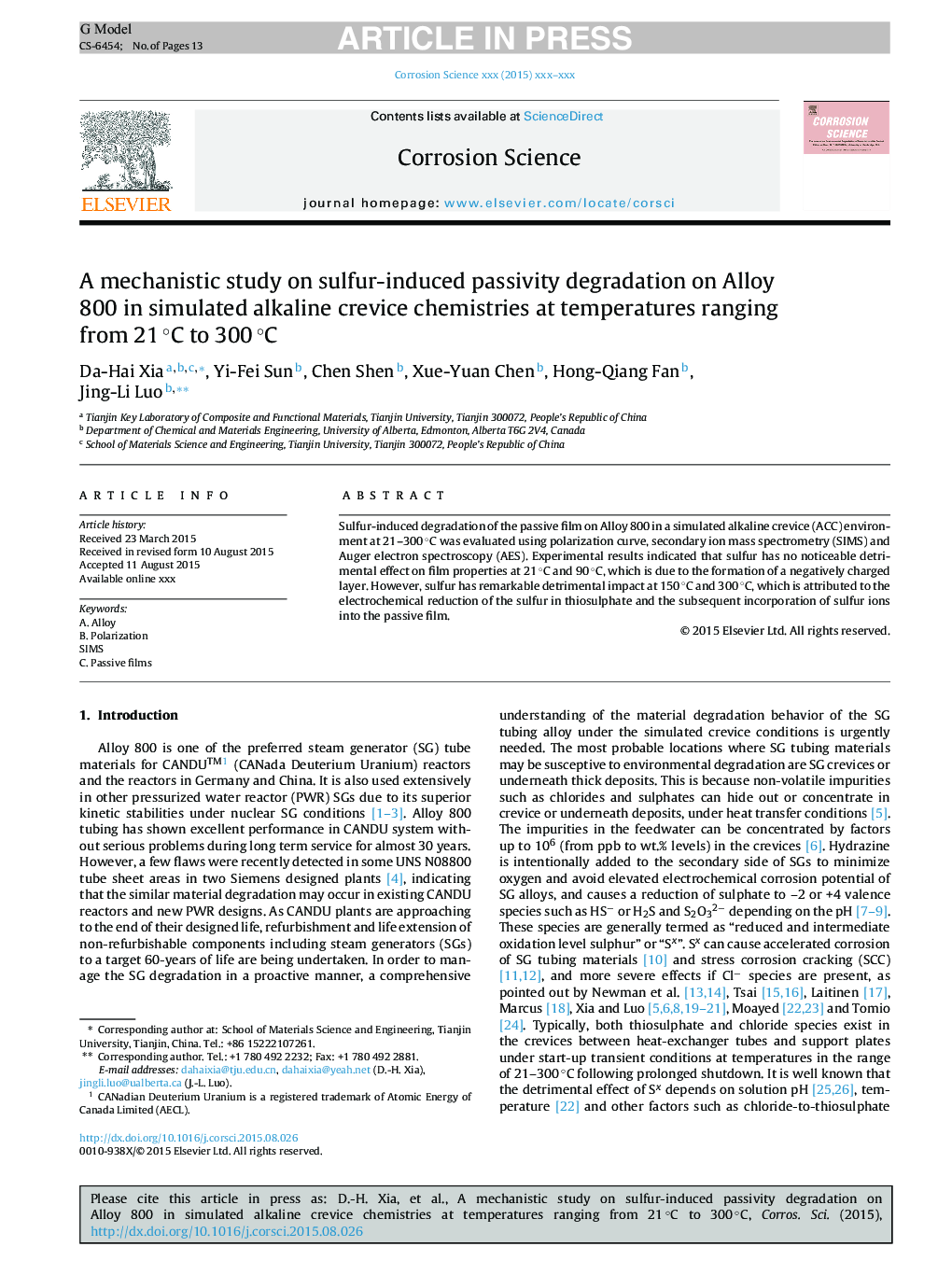 A mechanistic study on sulfur-induced passivity degradation on Alloy 800 in simulated alkaline crevice chemistries at temperatures ranging from 21Â Â°C to 300Â Â°C